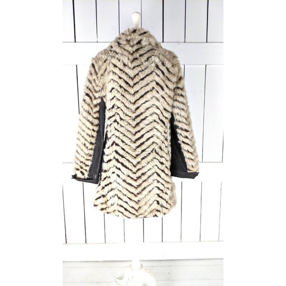 Vintage chevron striped chunky faux fur leather trim midi coat - Picture 6 of 7